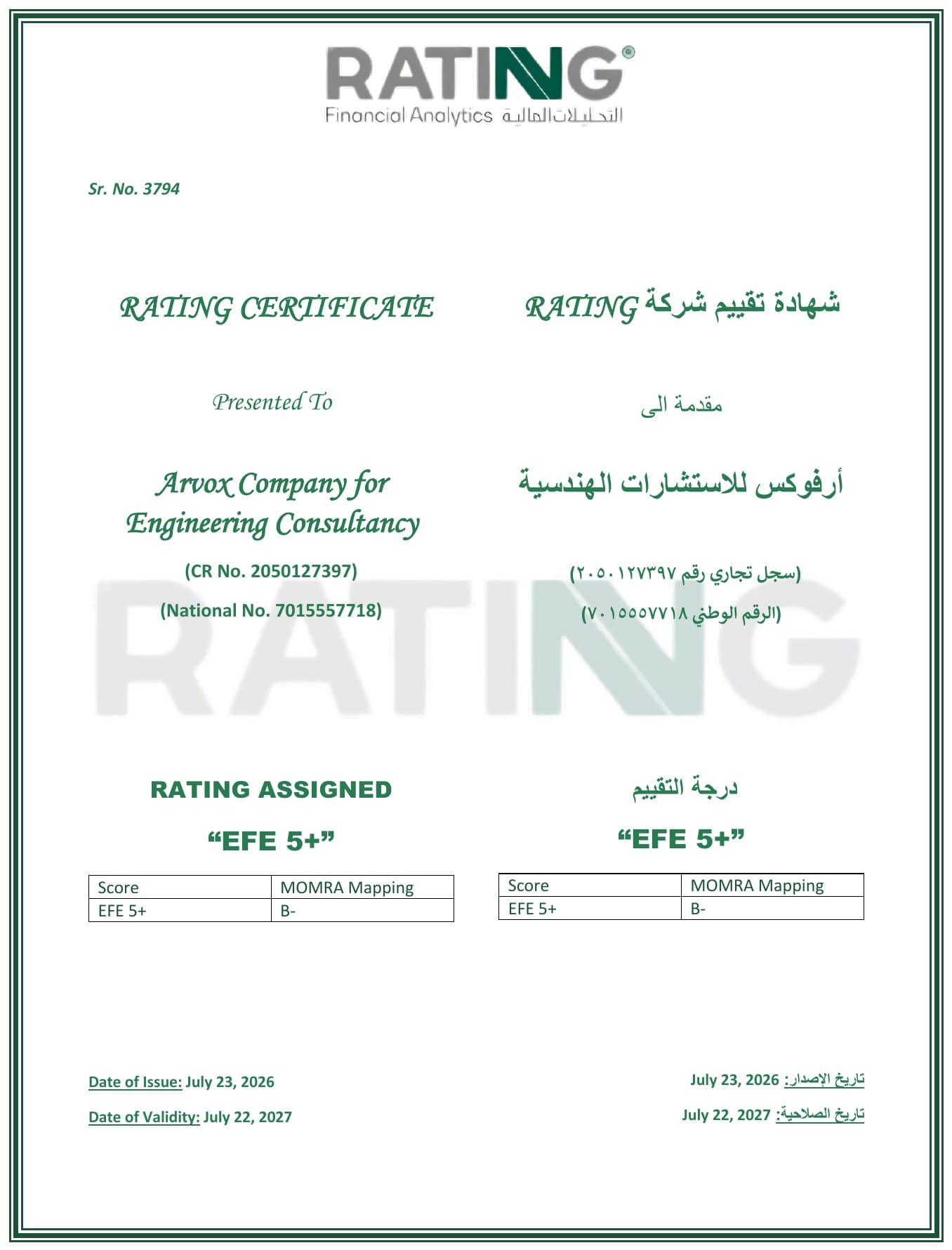 شهادة تقييم RATING — درجة EFE 5+ — شركة رايتنق للتحليلات المالية